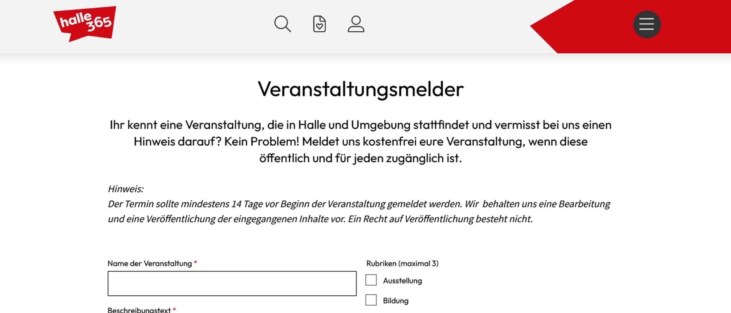 Screenshot Veranstaltungsmelder halle365